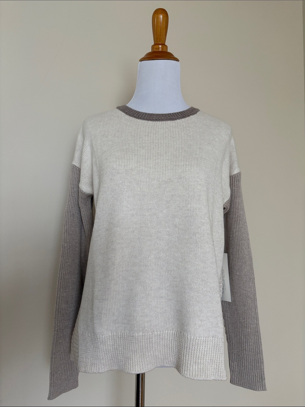 Rachel Zoe Cream and Taupe Color Block Crewneck Cotton Sweater